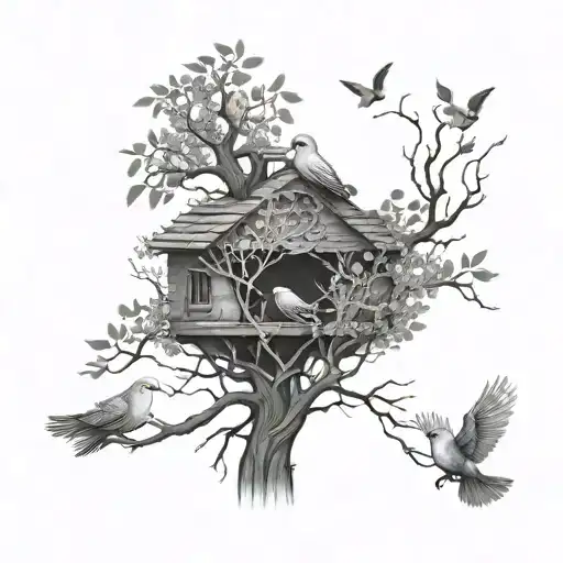 poisok tree with three doves and spiderwebs hanging tattoo design idea