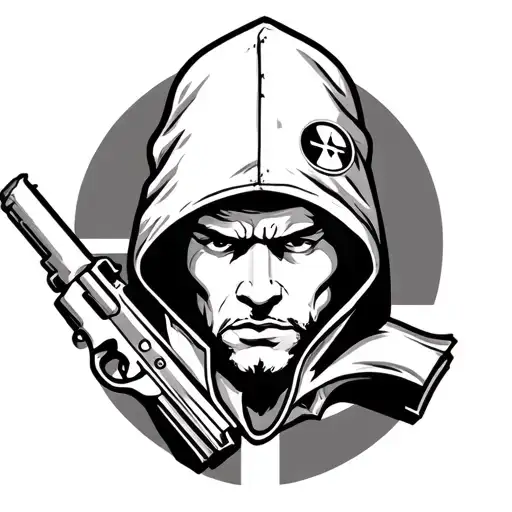 American traditional bold lines klan member head with hood and gun target laid over his head tattoo design idea