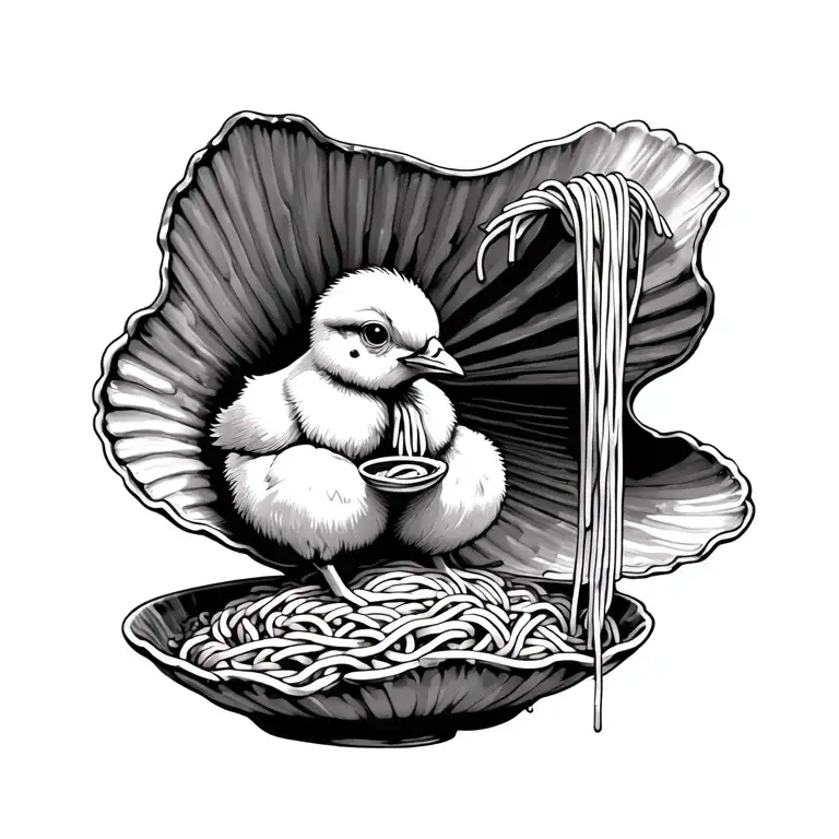 tattoo of a chick sitting eating spaghetti pasta out of a clam shell tattoo design idea