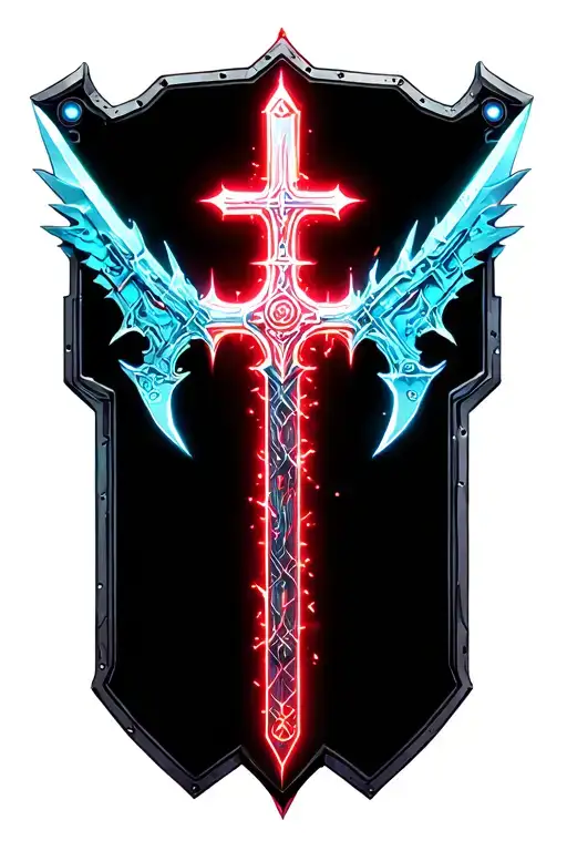 Two cyber daggers , dragon sword and shield in cross shape , red energy, orthodox cross  tattoo design idea