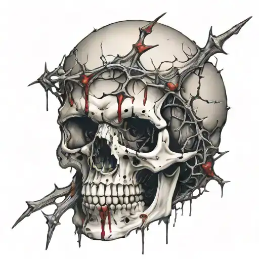 Cracked, Broken, Skull, Bloody, Missing Jawbone, Shattered, Blood covered, Spine, melting. Bloody thorns. tattoo design idea