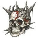 Cracked, Broken, Skull, Bloody, Missing Jawbone, Shattered, Blood covered, Spine, melting. Bloody thorns. tattoo design idea