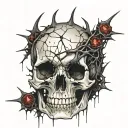Cracked, Broken, Skull, Bloody, Missing Jawbone, Shattered, Blood covered, Spine, melting. Bloody thorns. tattoo design idea