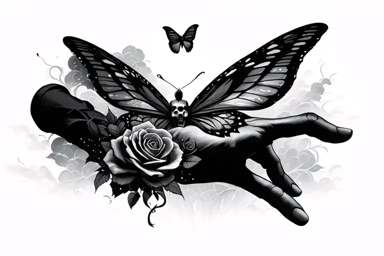 outline of right hand with storm inside and butterfly flying through the storm, skull watching from a distance and roses tattoo design idea