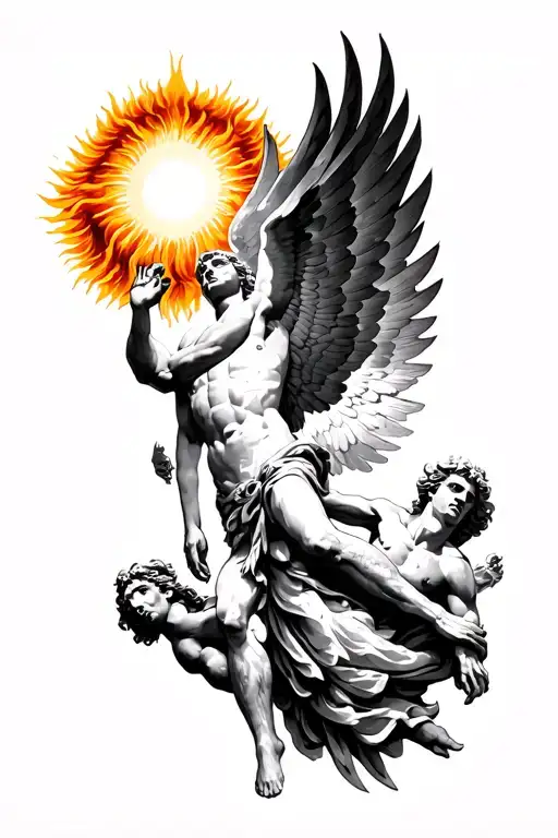 Icarus falling to close to the sun with Zeus watching from Olympus upper arm sleeve tattoo tattoo design idea