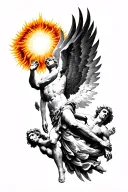 Icarus falling to close to the sun with Zeus watching from Olympus upper arm sleeve tattoo tattoo design idea