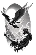 Icarus falling to close to the sun with Zeus watching from Olympus upper arm sleeve tattoo tattoo design idea