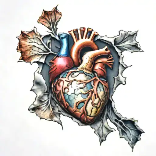 anatomical heart shown through torn open skin, hyper-realistc, 8K, HDR, color tattoo design idea