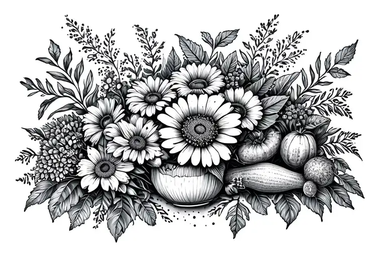 flower bouquet and vegetable garden tattoo design idea