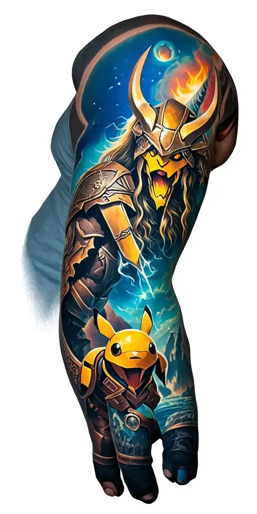 full sleeve in a Viking style, but all about gaming: Pokemon, metroid, World of warcraft, Castlevania, HK, AOE tattoo design idea