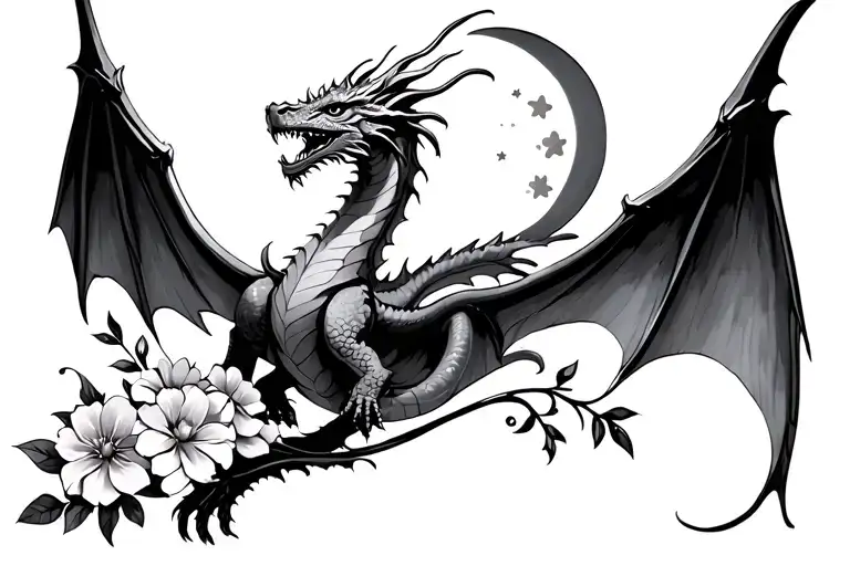 Dragon flying with spread wings looking up at a crescent moon and flowers on the left and right feminine tattoo design idea