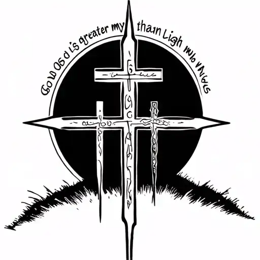 3 crosses fine line on small fine line hill top with God is greater than my highs and low written in symbols  tattoo design idea