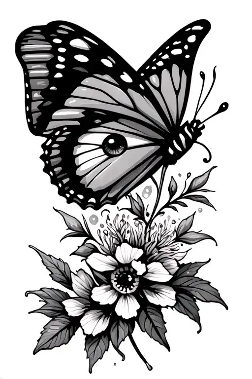 butterfly with evil eye and some fireweed with an old school vibe tattoo design idea