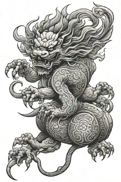 fu dog holdign orb symbolizing power tattoo design idea