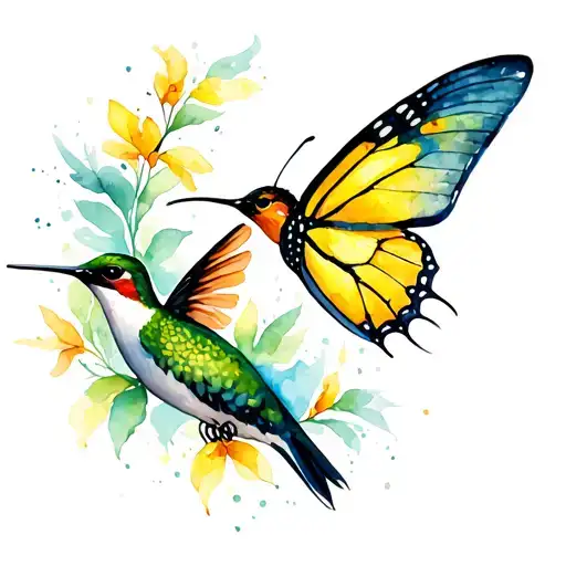 yellow butterfly and a humming bird flying tattoo design idea
