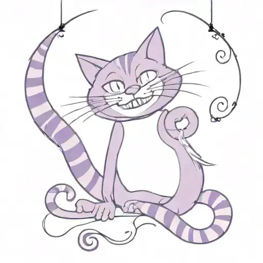 original cartoon purple cheshire cat from alice in wonderland hanging from his tale, a cheeky gin high on hallucinagens  tattoo design idea