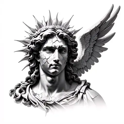 Realistic Apollo tattoo with cracked face, referring to the elements of sun and harp, angel wings can be added tattoo design idea