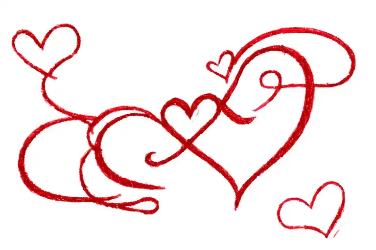 Red, small cursive tattoo, John F on top heart in the middle Vanessa S at the bottom and hearts around tattoo design idea