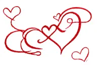 Red, small cursive tattoo, John F on top heart in the middle Vanessa S at the bottom and hearts around tattoo design idea
