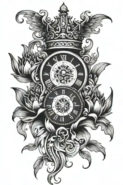 a crown on top of a clock in a vertical position with a lotus flower and a phoenix below everything tattoo design idea
