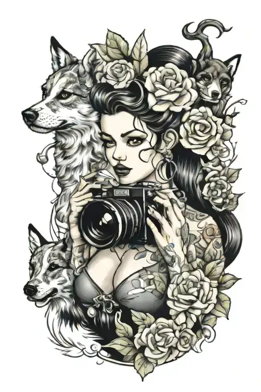 A tattoo design of a traditional pin-up style woman with a camera in hand, surrounded by elements of nature and dogs tattoo design idea