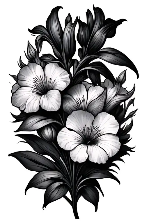 iris, primrose, and violet flowers coming tattoo design idea