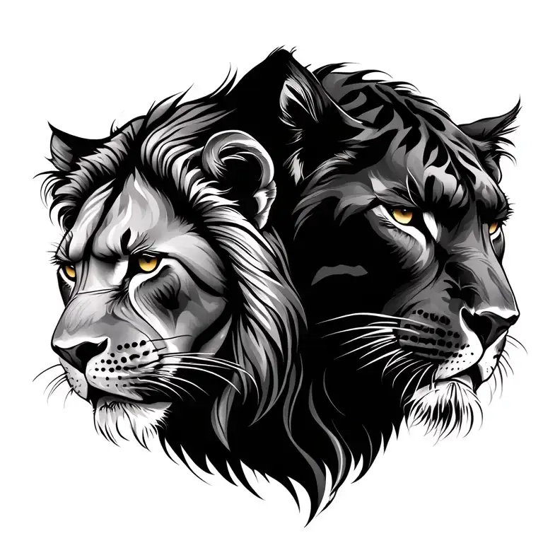 lion head and panther head side to side view tattoo design idea
