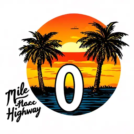 Mile 0 highway sign with palm trees surrounding and sunset tattoo design idea
