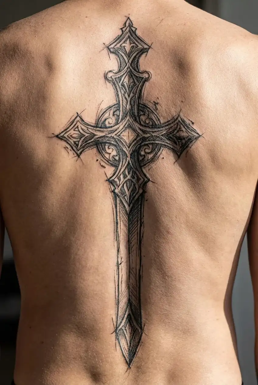 A vertical dagger that doubles as a Christian cross tattoo design idea