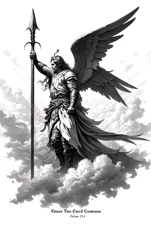 warrior angel with wings and a spear coming out the clouds from a side angle with psalm 23:4 below the image  tattoo design idea