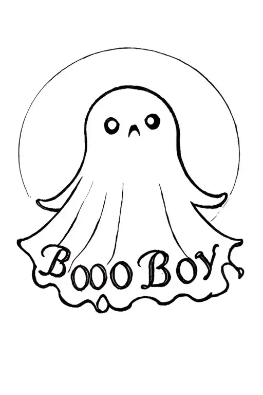 fine line ghost with "Boo Boy" spelled with the ruffles at the bottom  tattoo design idea