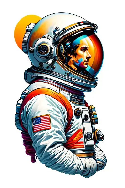  A surreal and highly detailed full-back tattoo design of a colorful astronaut portrait. The astronaut's helmet reflects tattoo design idea