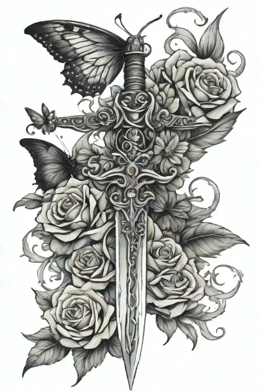 flowers wrapped around sword with butterflies around  tattoo design idea