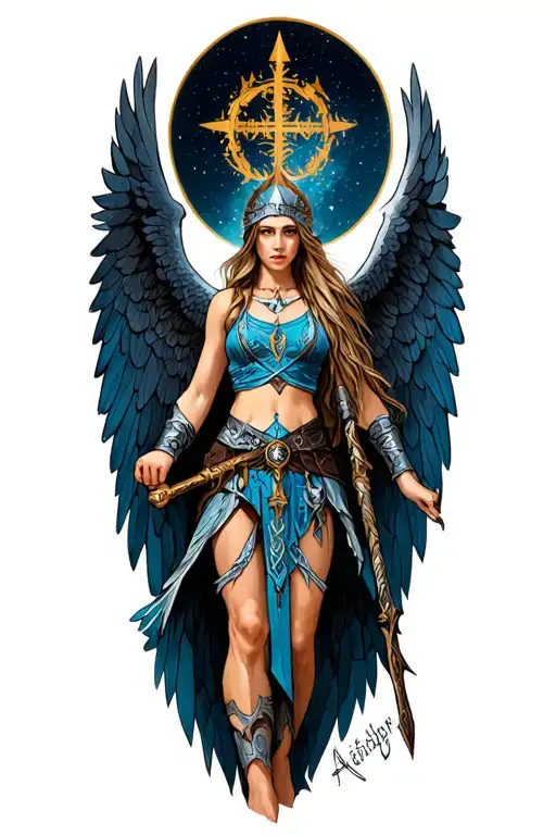 Valkyrie with wings and spear in one hand freya rune on face Aegishjalmur symbol above Valkyrie  tattoo design idea