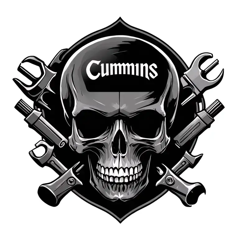 cummins logo surrounded with tools forming a skull tattoo design idea