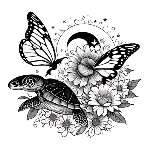 Create a black and white back tattoo that contains a butterfly fairy, flowers, a sea turtle, the sun, the moon, a dream  tattoo design idea