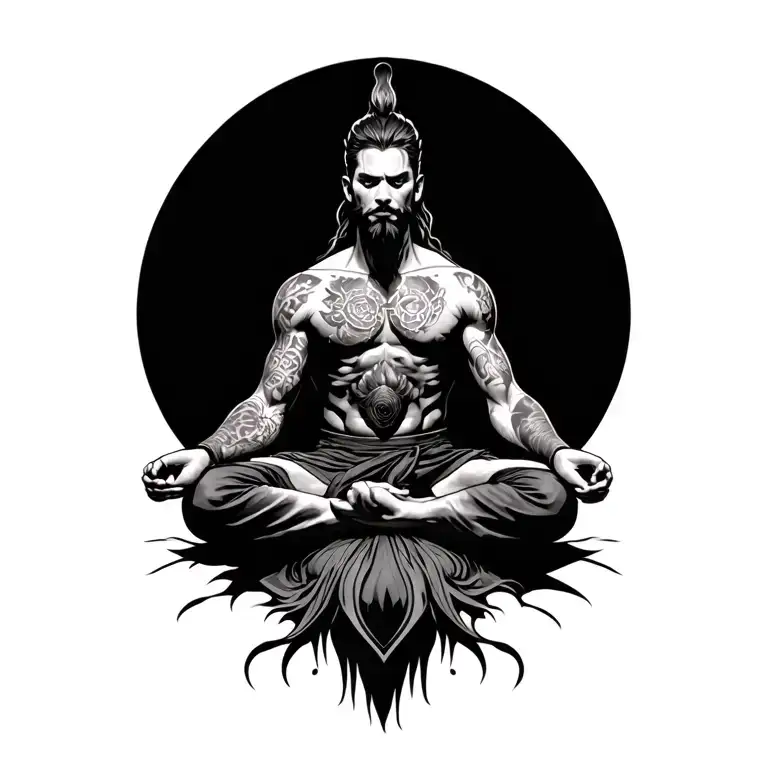 Realistic powerful warrior with tattoo sitting in meditation. Tattoo with great detail and fine lines tattoo design idea