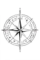 A minimalist tattoo of a compass rose with astrological symbols incorporated, representing the client's interest in astrology and marine navigation tattoo design idea