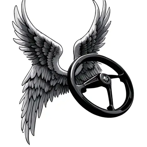 semi truck steering wheel with angel wings tattoo design idea