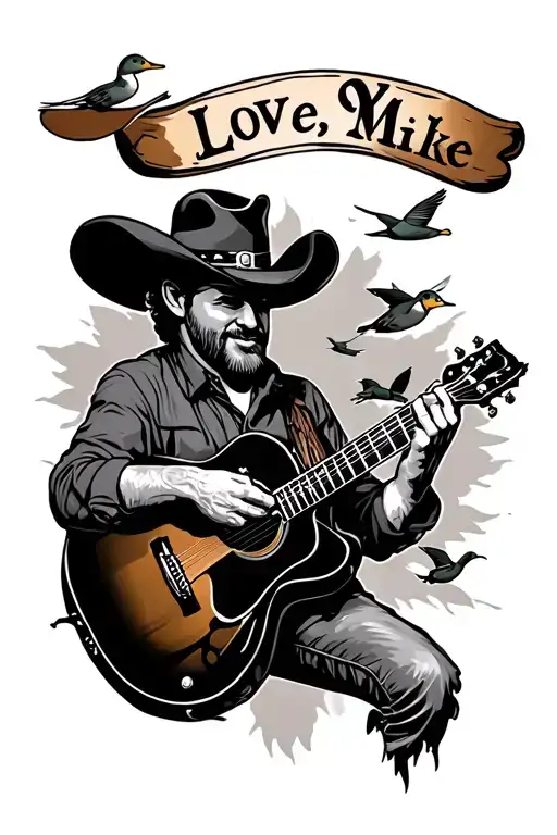 western style tattoo that says love ya Mr. Mike with a guitar and ducks flying  tattoo design idea
