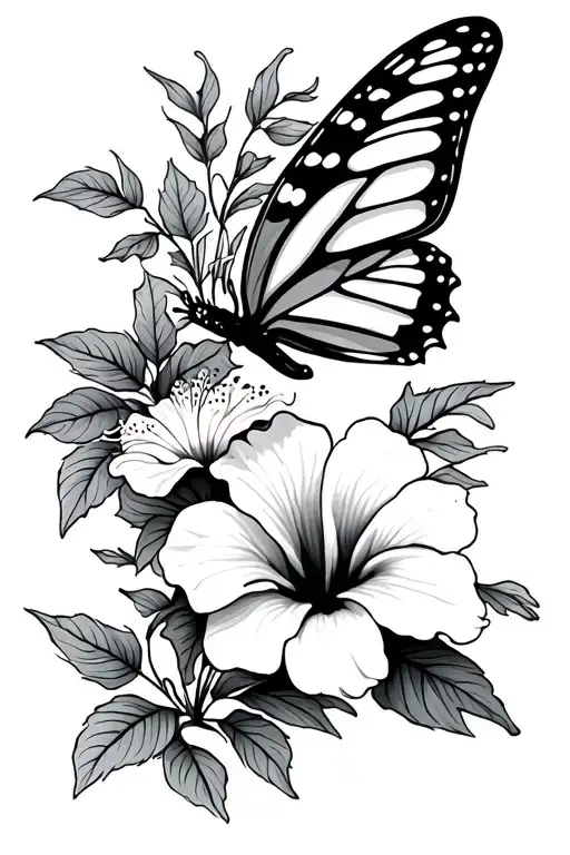 dainty fine line butterfly over hibiscus flower vine tattoo design idea