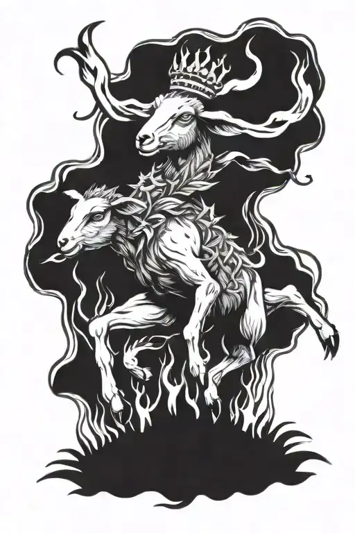 full body lamb jumping with crown of thorns and flaming eyes tattoo design idea