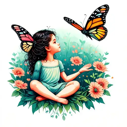 little girl sitting with butterfly near her outstretched hand while another butterfly lands on her head tattoo design idea