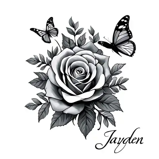 "Jayden" roses and butterflies surrounding the name Jayden tattoo design idea