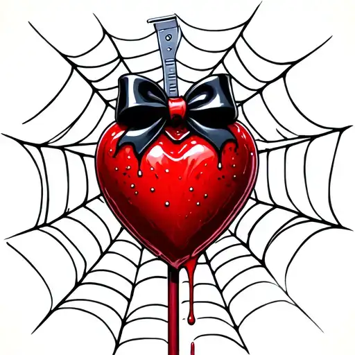 heart shaped sucker with razor blade inside blood dripping little black bow on stick with spider web tattoo design idea