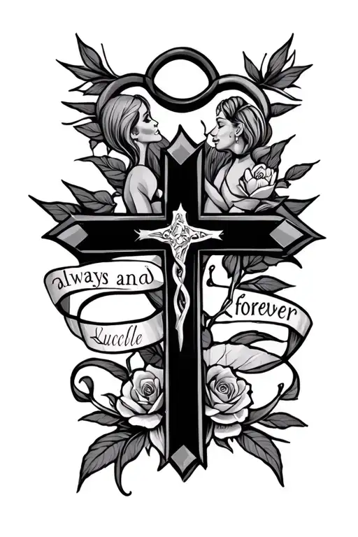 Cross tattoo with Ms. Lucille and Granny also with an infinity sign that says always and forever  tattoo design idea
