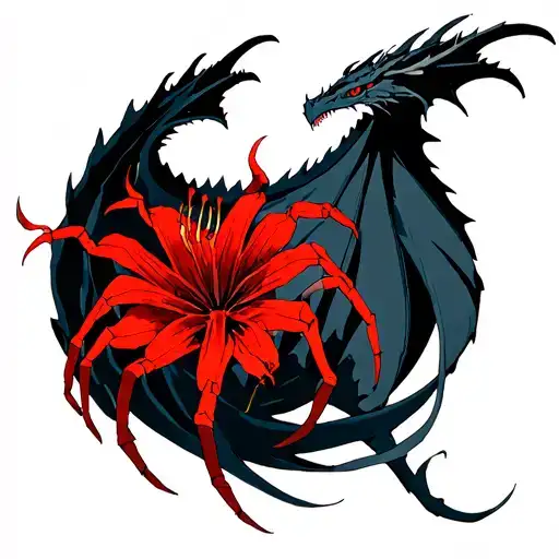 Skyrim dragon and a red spider lilly tattoo design idea