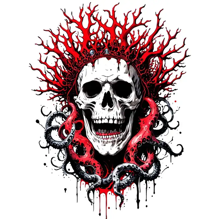 King Of Bones With A Coral Crown, Hades 2 Style, Eldritch, Tentacles, Lovecraftian, Deep Sea tattoo design idea