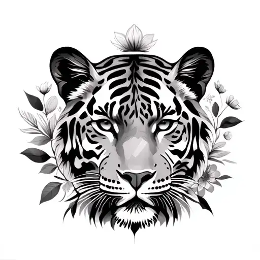 tiger, lions, jaguar, leopard, panthers faces with flowers and trees, and leaves tattoo design idea