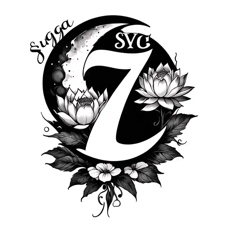 Design a hand-written left hand back shoulder tattoo To visualize the word 'suga', '7', have a lotus flower and moon tattoo design idea